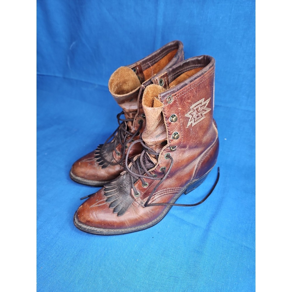 Abilene Kiltie Packer Boots Lace Up Granny Cognac Leather Southwestern Sz 6
